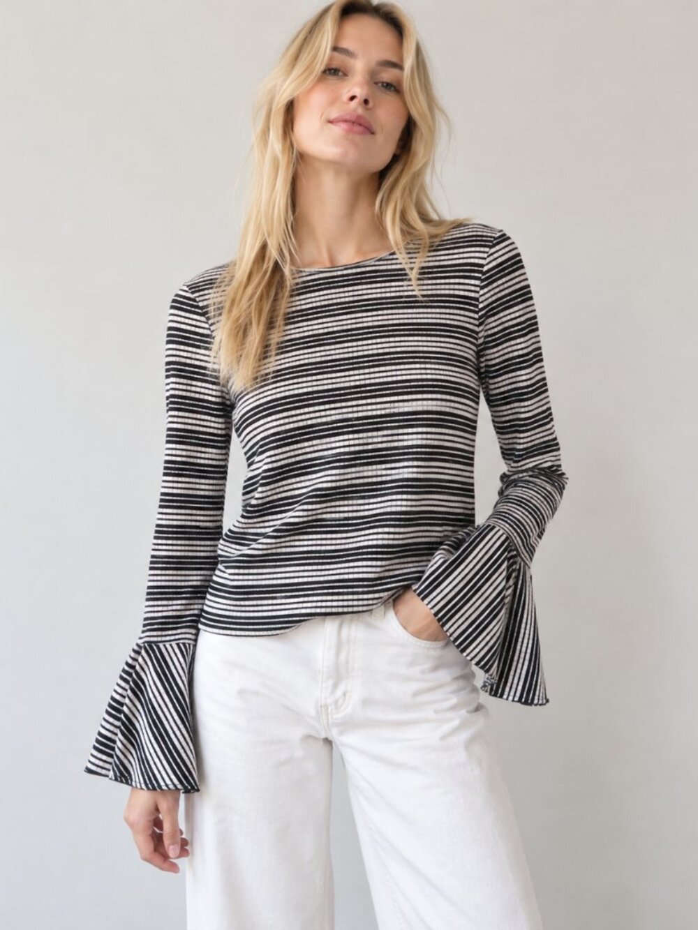 Zara Trafaluc Black White Striped Ribbed Knit Bell Sleeve Top Sweater Pullover S